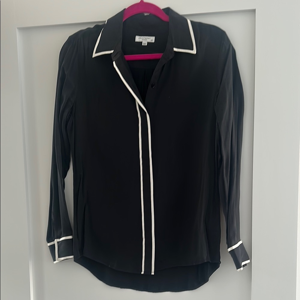 Black Button-Up Blouse with White Trim silk blouse